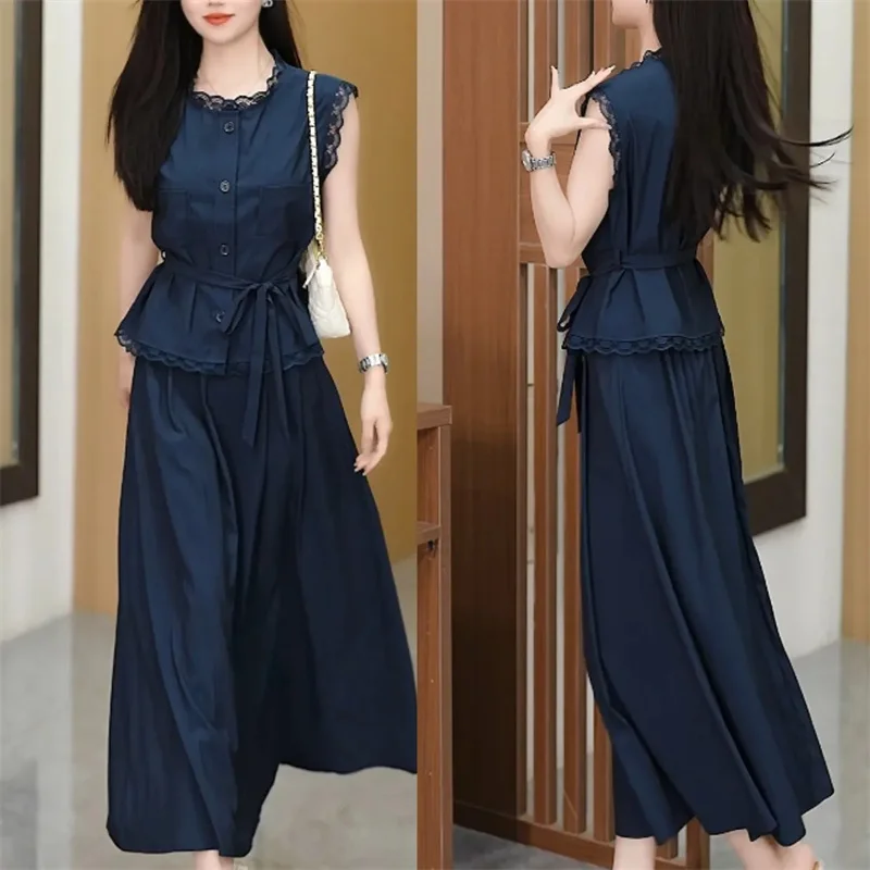 

Summer Ladies Round Neck Sleeveless Tops Maxi Skirt Two-piece Set Women Waistcoat Long Skirts Suit Femme Solid Color Skirt 2PCS