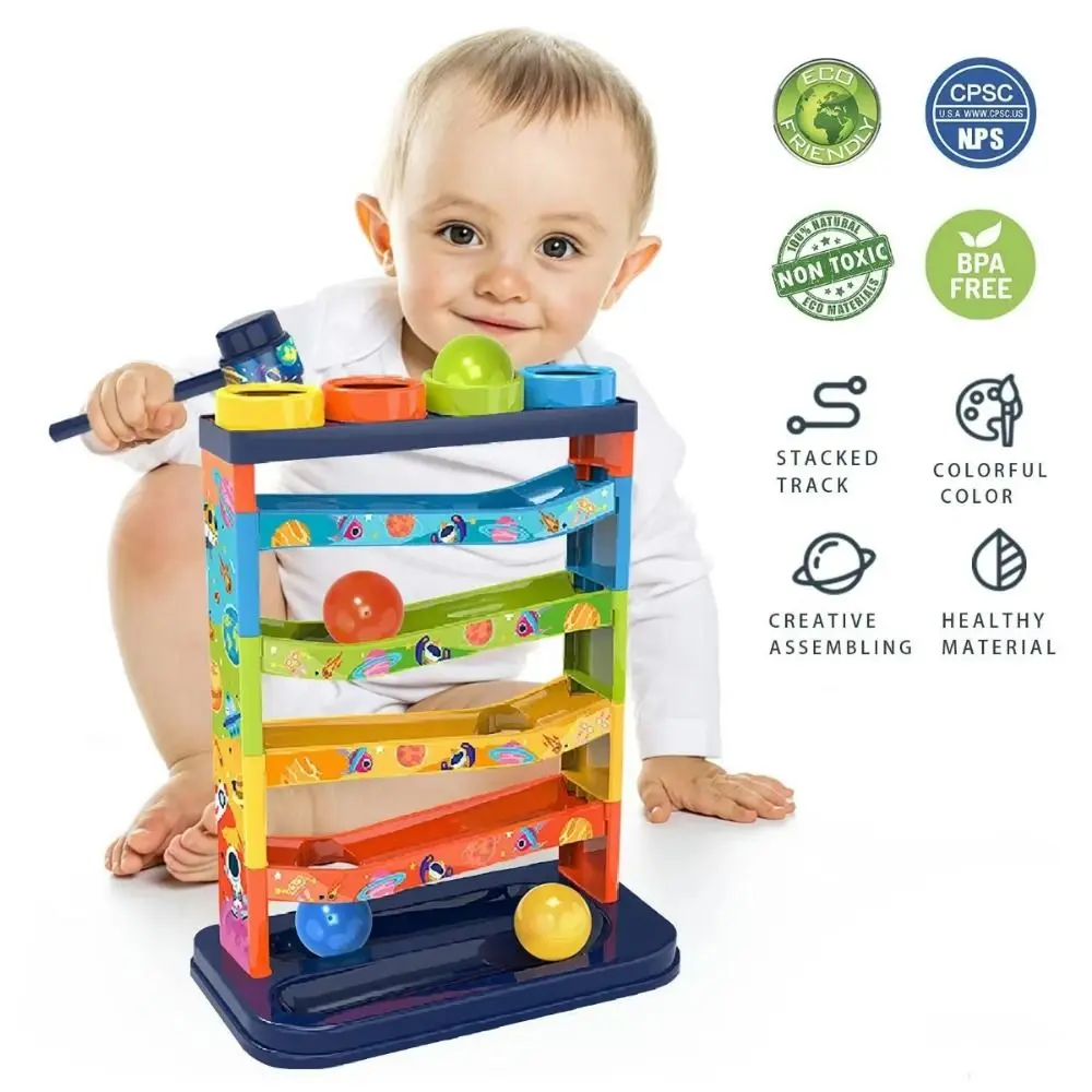Rampa con sfera scorrevole in plastica, impilabile interattiva, puzzle con pista colorata a 5 strati, palla da battere con pista Montessori