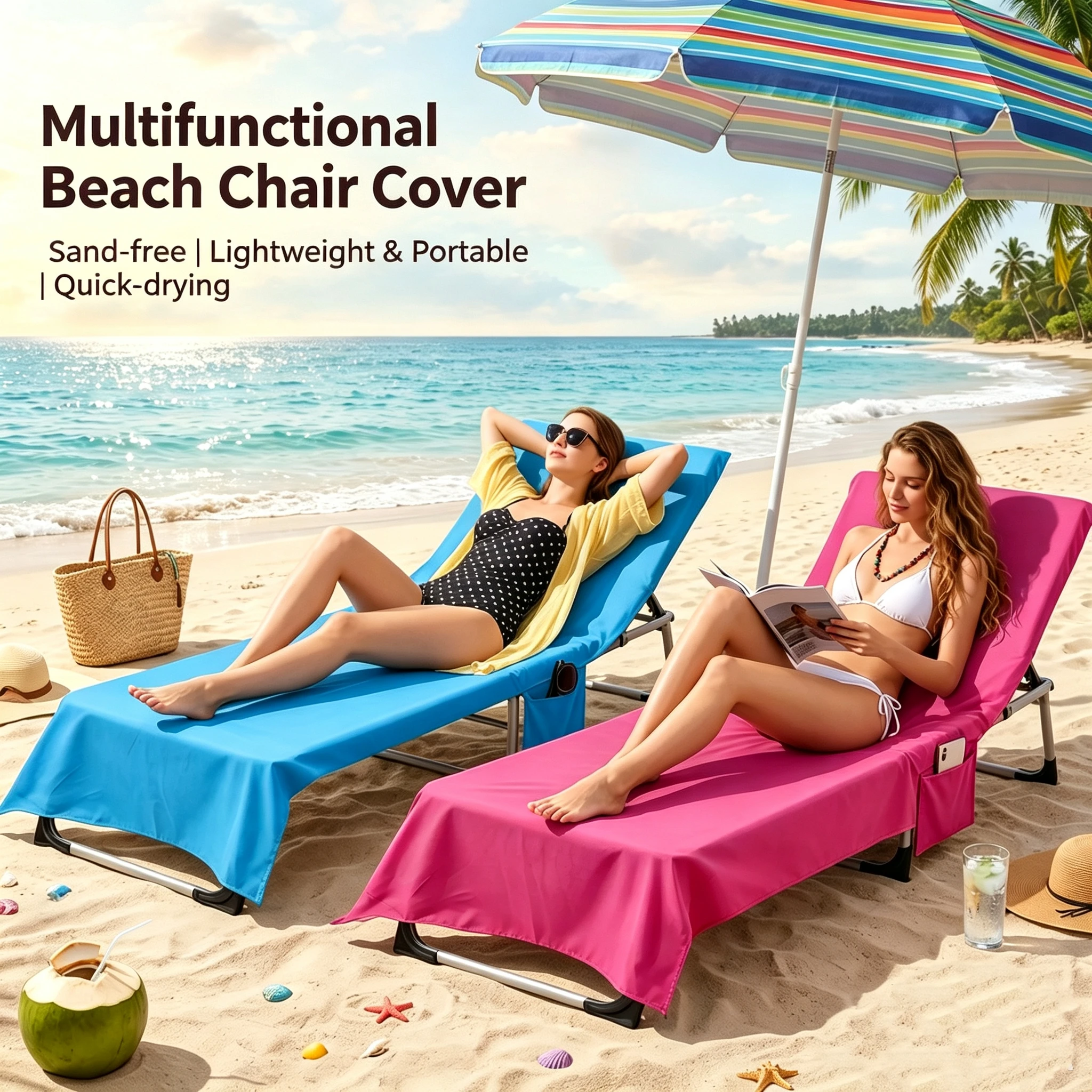 Absorbent Lounge Chair Cover Beach Towel With Pockets Quick Dry Sun Lounger Cover For Poolside Garden Beach Trips
