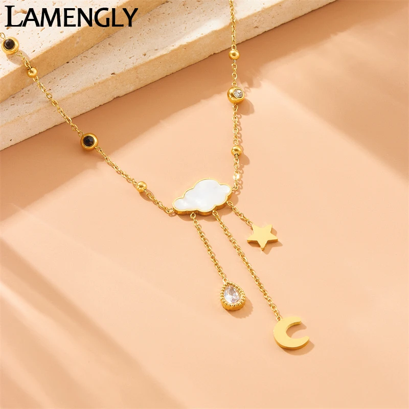 

LAMENGLY High Quality 316l Stainless Steel Golden Star Moon White Cloud Pendant Necklace Women Elegant Neck Chain Designer Gift