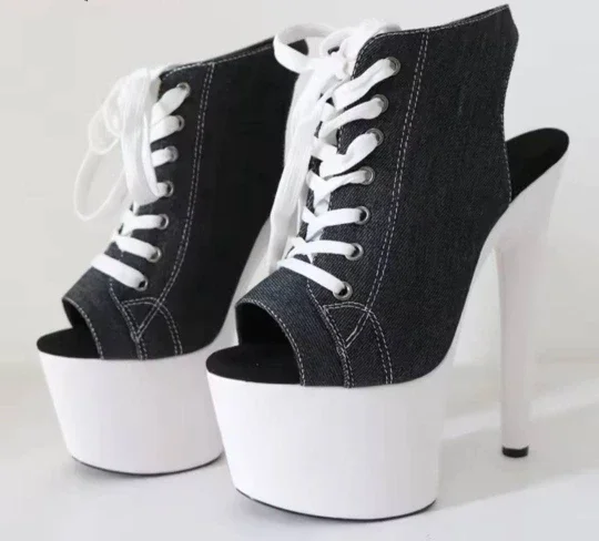 

17cm high-heeled pole dance shoes for nightclubs, canvas single shoes with exposed toes on the upper, suitable for female models