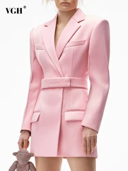 VGH Pink Korean Fashion Solid Blazer For Women Notched Collar Long Sleeve High Street Blazers Female Spring Fashion Clothing New