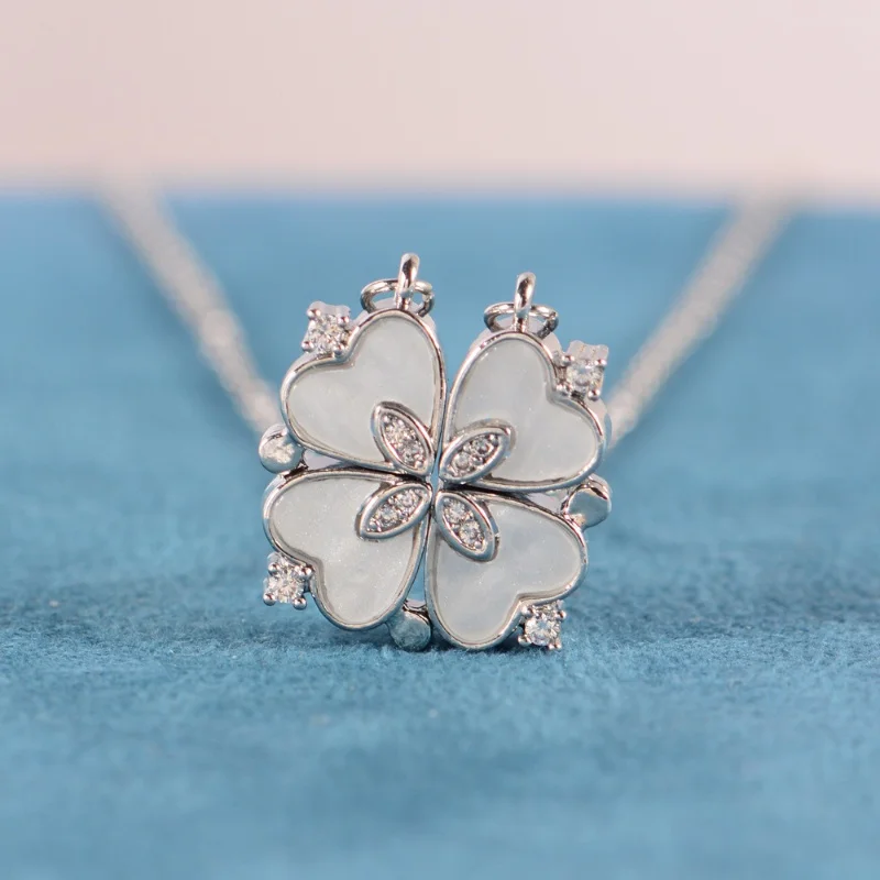Magnetic Clover Necklace for Women - Foldable Heart Pendant, Adjustable Layering Chain, Minimalist Luxury Titanium Steel Jewelry