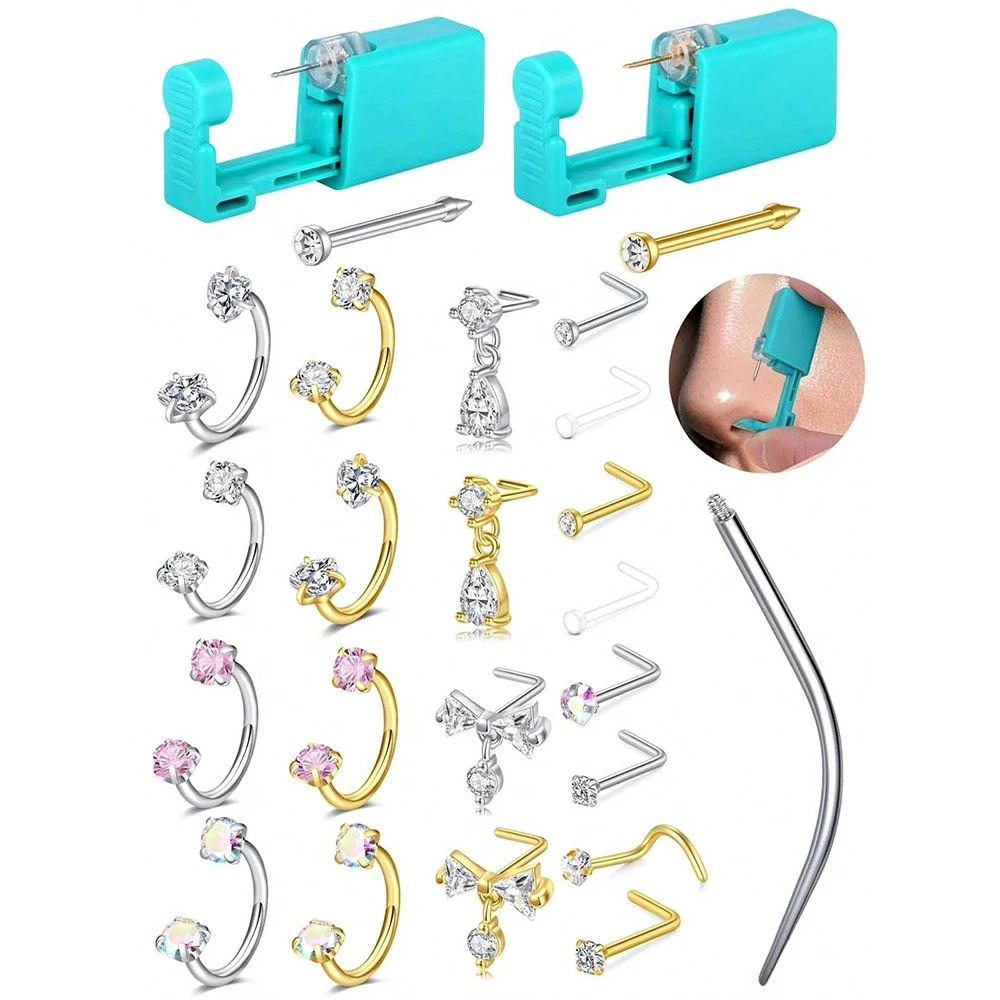 Nose Piercing Kit Gold Horseshoe Nose Ring 18G Silver Nose Piercing Gun Stainless Steel Nostril Piercings Kit