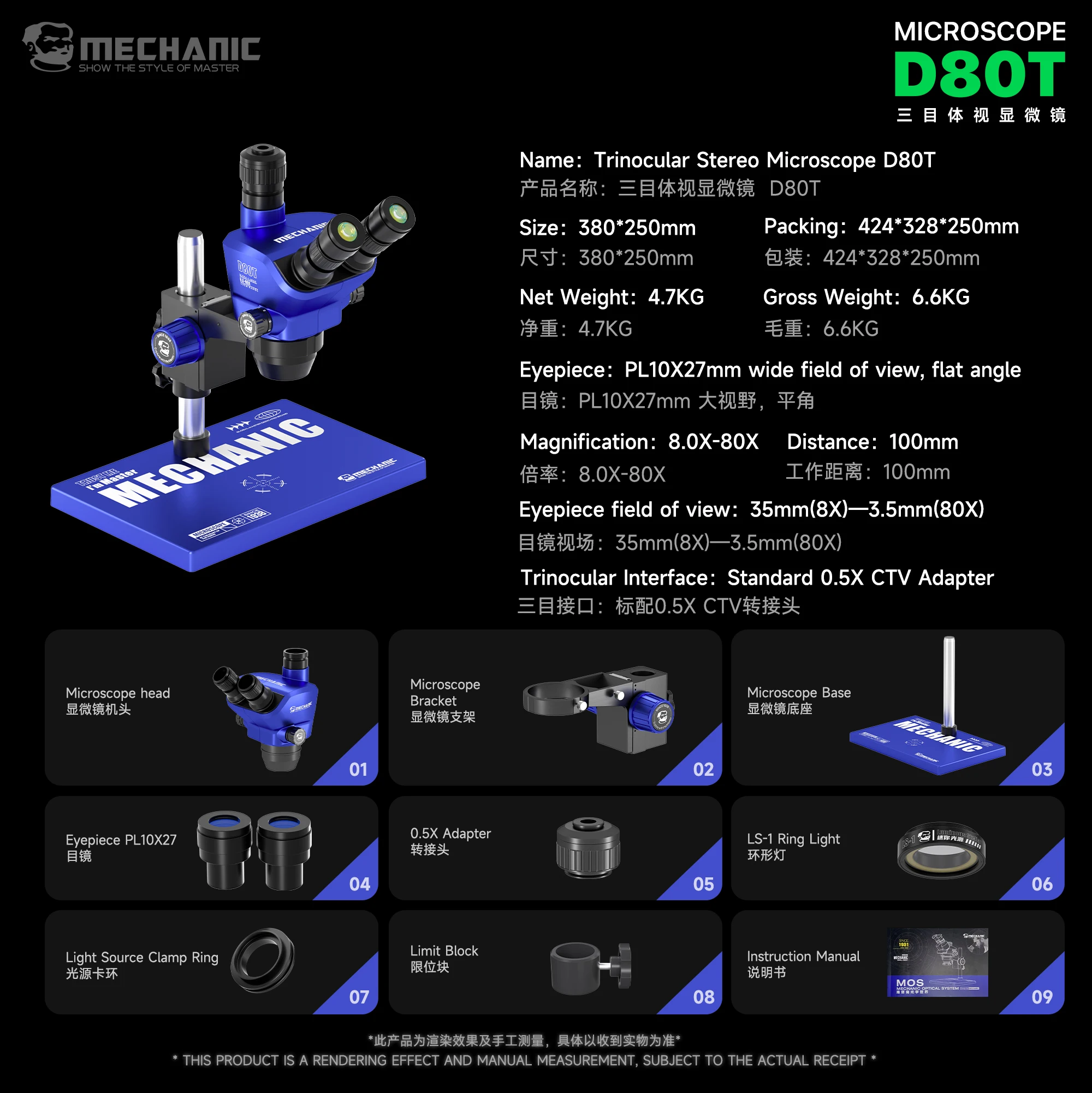 MECHANIC D80T-B5 Trinoculaire Stereomicroscoop 8X-80X Zoom PL10X27 Groothoekoculair 0.5X CTV Adapter voor Telefoon PCB IC Reparatie