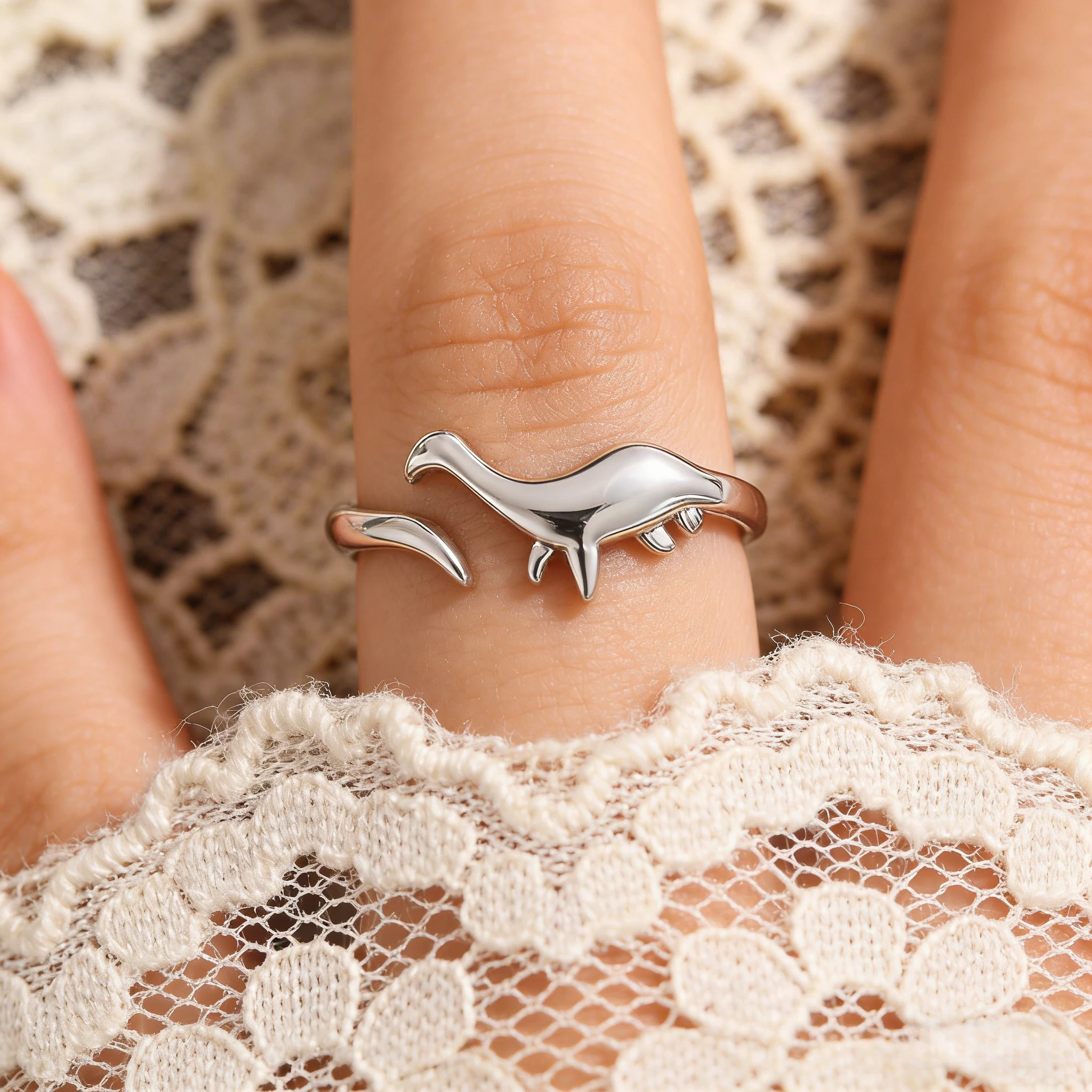 925 Silver Plated Retro Cute Dinosaur Ring Set, Environmentally Friendly Copper Adjustable Animal Ring Suitable for Daily Gift