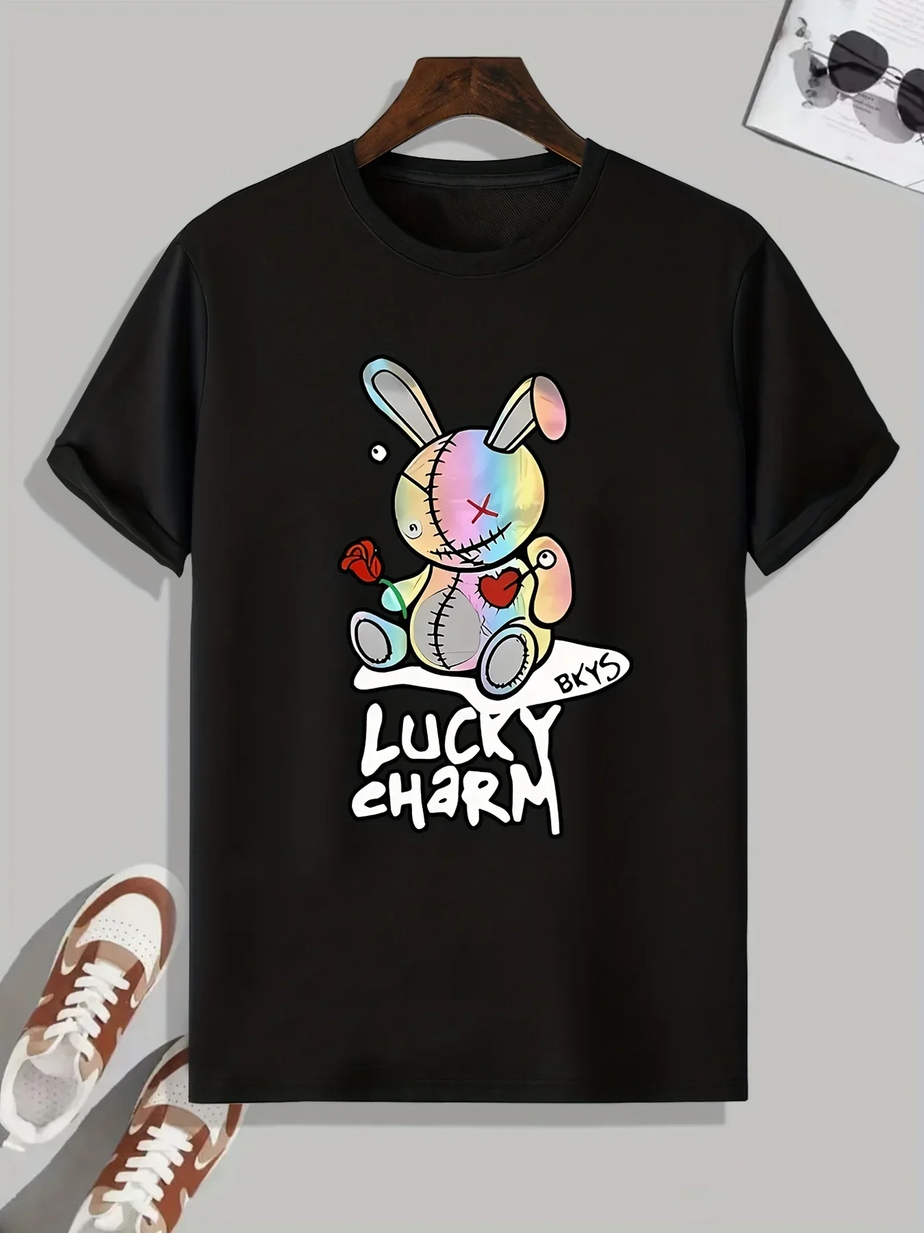 Women's LUCKY CHARM Bunny Doll Print Round Neck Short Sleeve T-shirt, Casual Fashion Rabbit Flower Graphic Tee Top for Summer