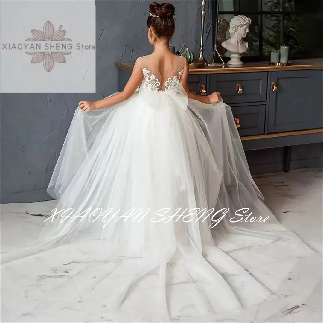 Vestido de niña de flores blanco para boda elegante encaje tul apliques sin mangas cuello redondo hinchado baile de cumpleaños vestido de primera comunión