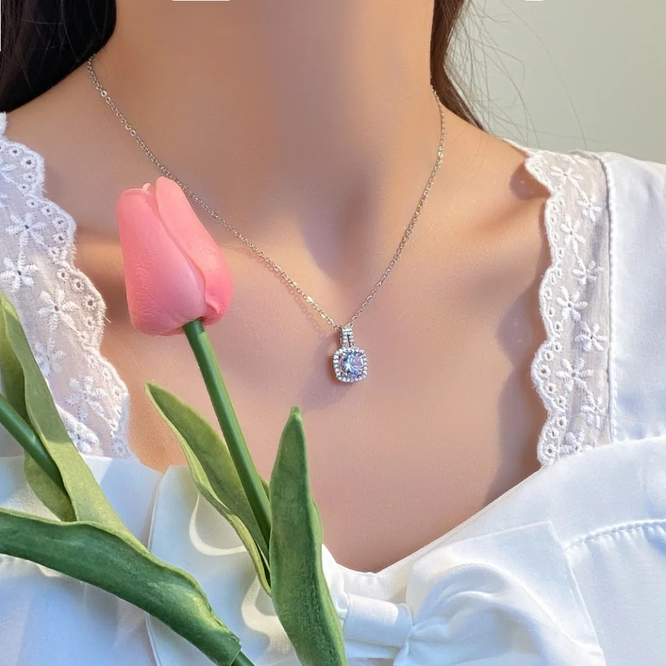 Yupsk Luxury Zircon Square Pendant Necklace For Female Elegant Colorful CZ Necklace For Bridal Wedding Jewelry Gift image 5