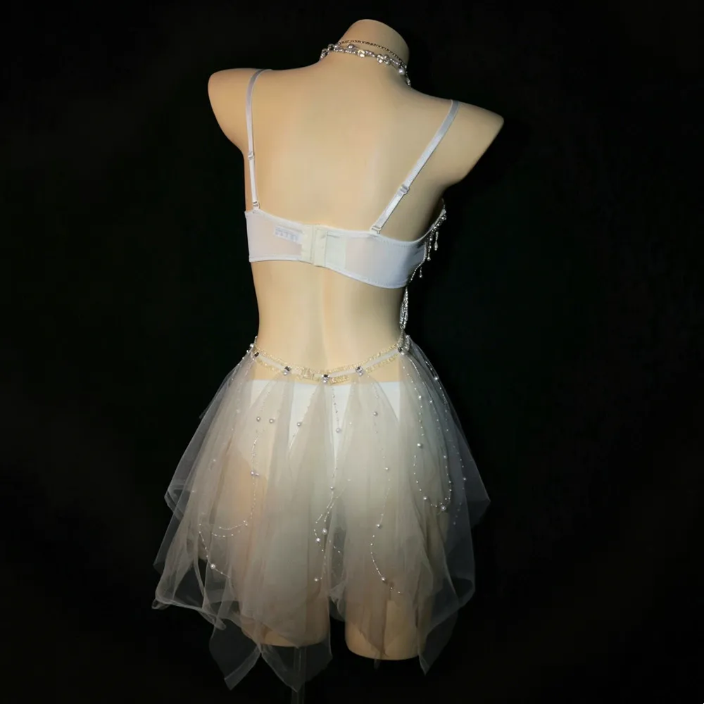 White Rhinestone Pearl Chain Bikini Rave Outfit Women 2 Piece Mesh Skirt Music Festival Costume Bar Nightclub Stage Performance view 3