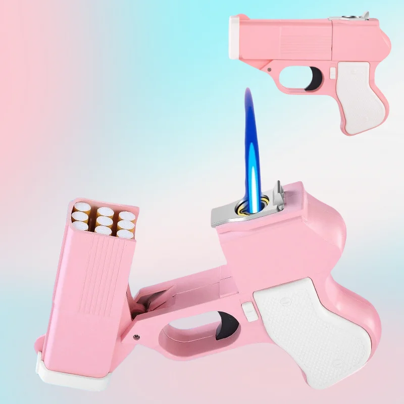 New Pistol Integrated Cigarette Box Inflatable Lighter Windproof Spray Flame Can Hold Thick Medium and Fine Cigarettes Lighter