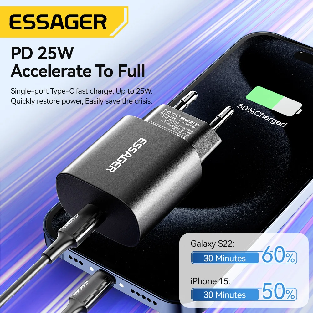 Essager 25W USB C Charger Set PD Fast Charge Charger Quick Phone Charger for iPhone 16 15 Pro Max Xiaomi Oneplus Xiaomi Samsung