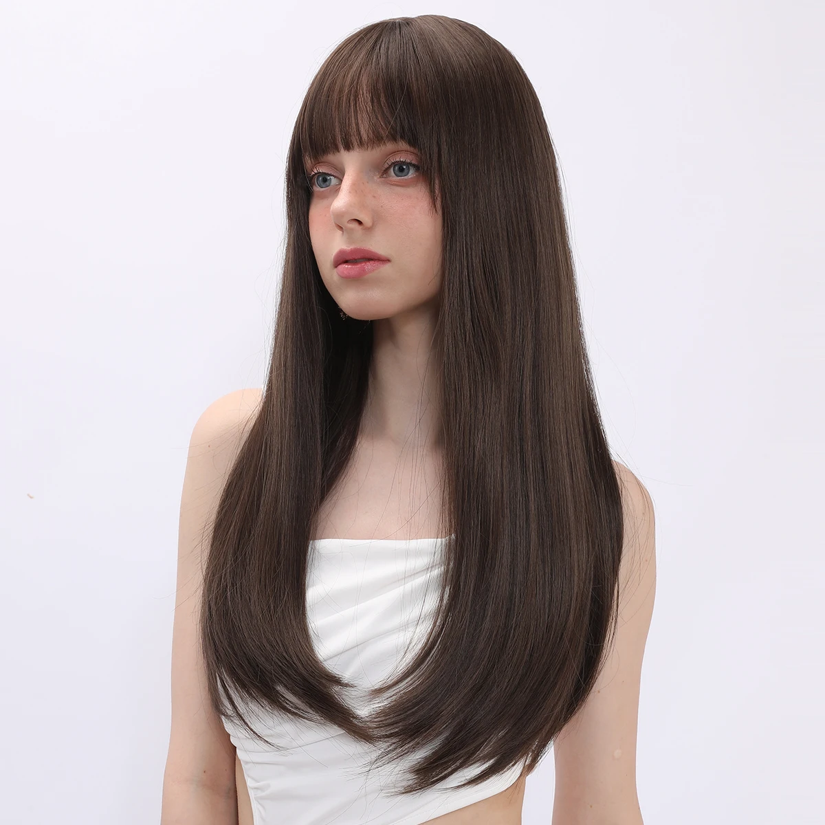 Smilco Cool Brown Synthetic Bob Wigs With Flat Bangs For Women Long Straight Hair Wig Natural Daily Cosplay Party Heat Resistant