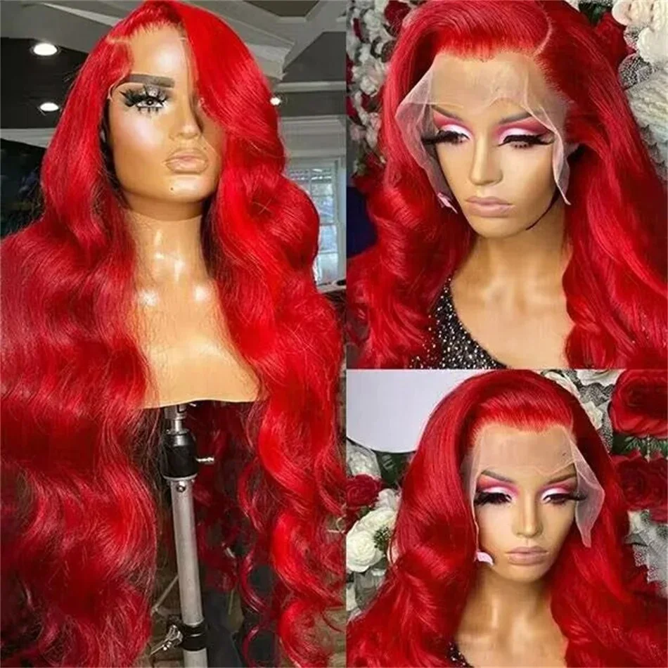 34 Inch Hot Red Body Wave Wigs Human Hair For Women 13X4 Lace Frontal Red Wig Burgundy 99J Lace Front Colored Human Hair Wigs