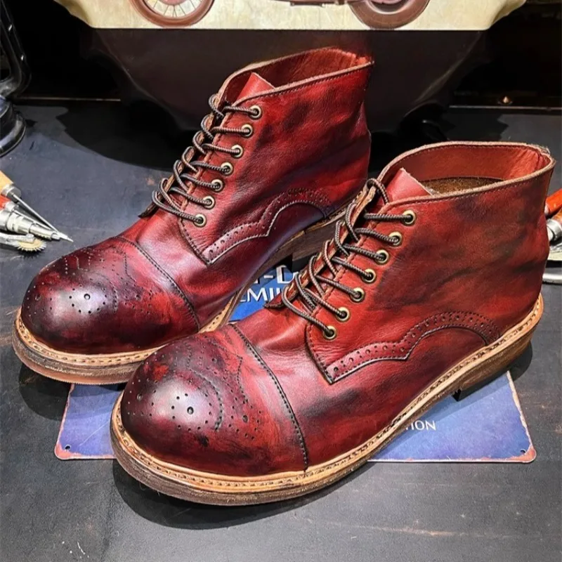 

British Style Retro Men's Shoe Genuine Leather Motorcycle Lace-up Outdoor Hiking High Top Anti-slip Work Boots Customize
