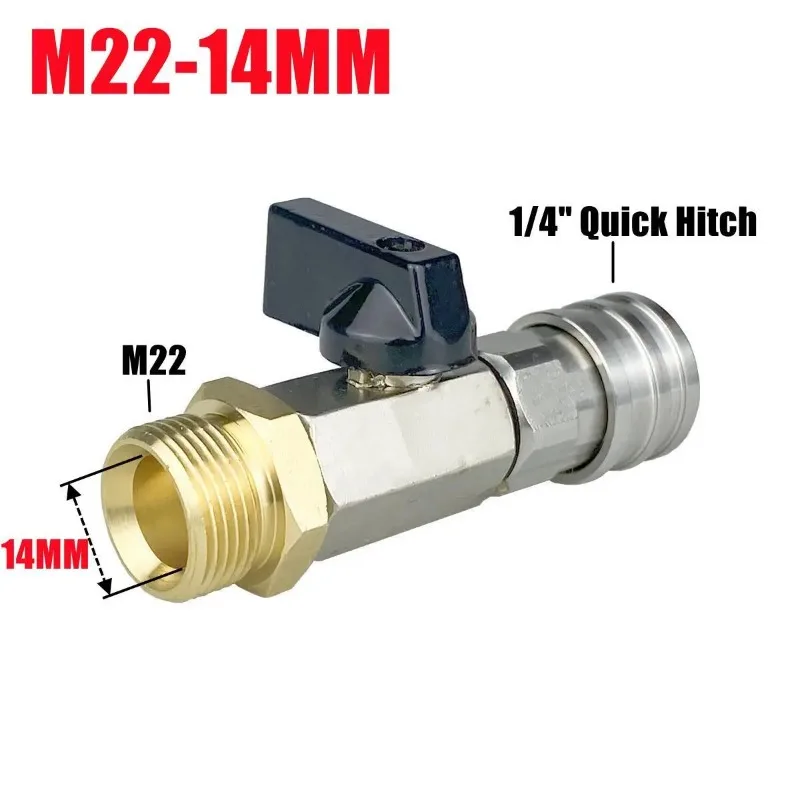 

M22 14/15MM Adaptor With Ball Valve With 1/4" Quick Hitch For High Pressure Wash Hose Switch On/Off
