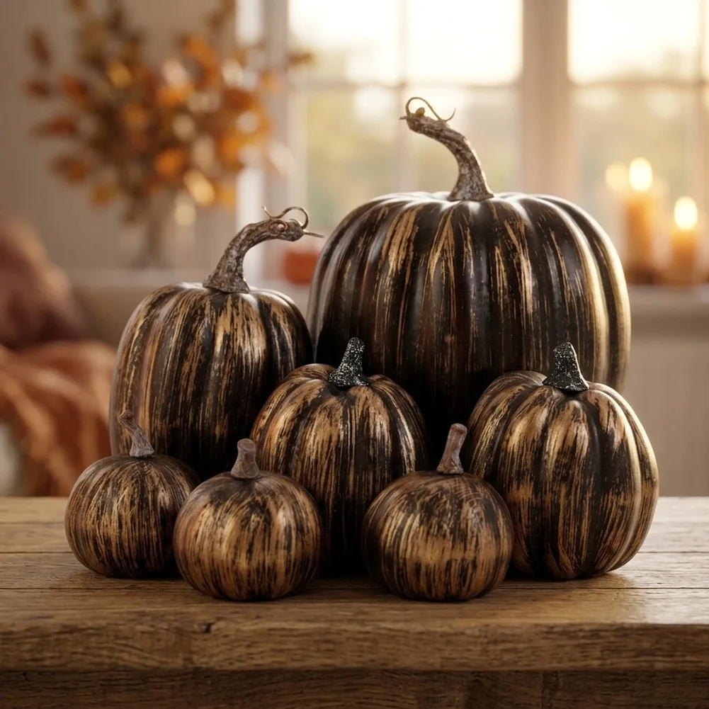 7 Piece Foam Pumpkin Set Assorted Sizes 6-15cm Realistic Faux Pumpkins Gold Black White Blue Orange For Halloween Indoor Outdoor