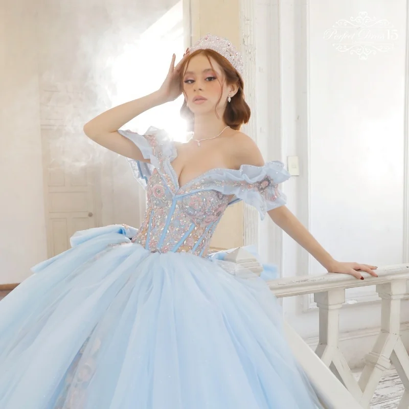 

light blue Quinceanera Dresses Off the Shoulder Tull sequin applique flower Lace layering Vestido De 15 Quinceanera Customized