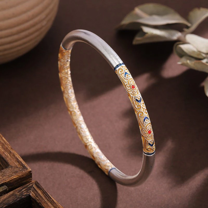 OUYADI 999 Sterling Silver Solid Closed Bangle, Vintage Gilded Ruyi Flower Bracelet Women Jewelry Gift