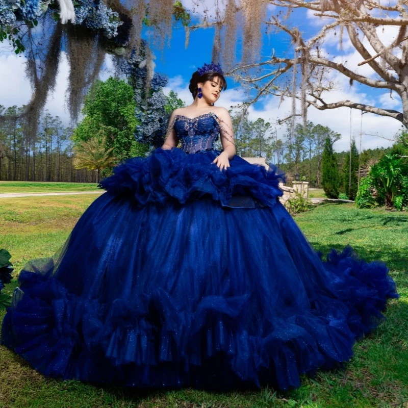 

Navy Blue Shiny Ball Gown Quinceanera Dresses Applique Lace Beading Crystal Tiered Tull Corset Off Shoulder Sweet 16 Dress Vesti