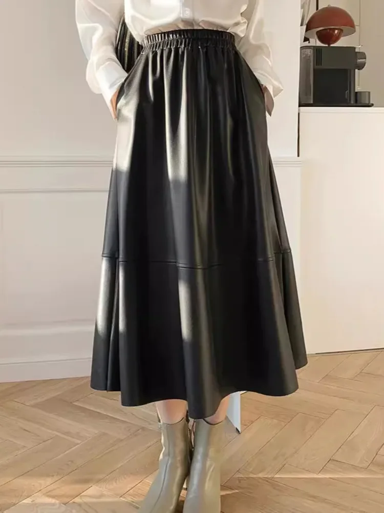 

Белая кожаная женская универсальная длинная юбка трапециевидной формы средней длины с высокой талией, темпераментная юбка-зонтик