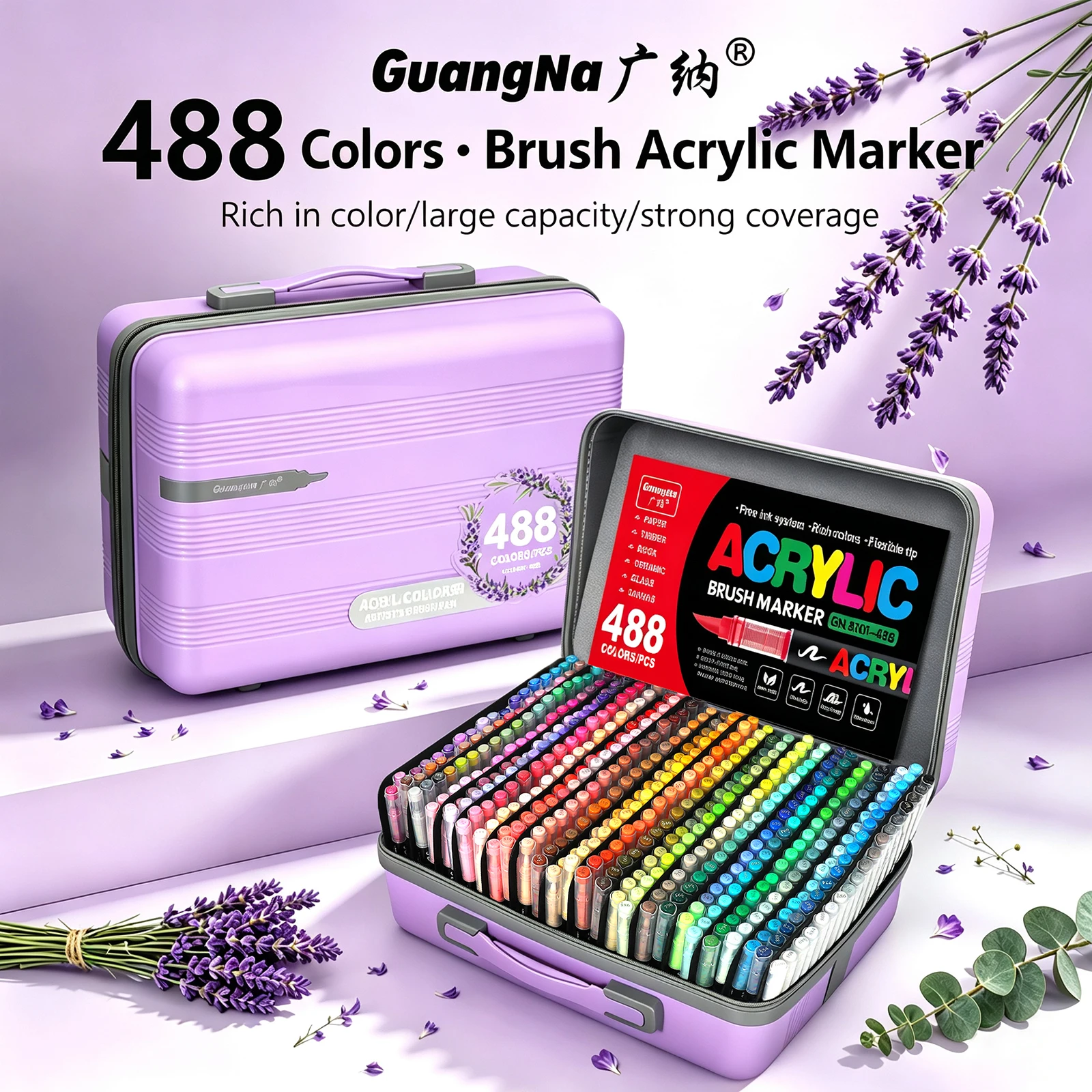 Guangna Classic 488 Colors Suitcase-Style Direct Liquid Automatic Ink Control Acrylic Paint Marker Pen, Acrylic Paint Marker, Ink Is More Rich, Smooth Flow, Comprehensive Color Range, Stackable Colors, Strong Coverage, Felt-Tip Pen Stationery Set, Suitable for Canvas, Wood, Stone, Glass, Ceramics, Fabric Painting, DIY Crafts, Art Supplies, Great Gift for Painters