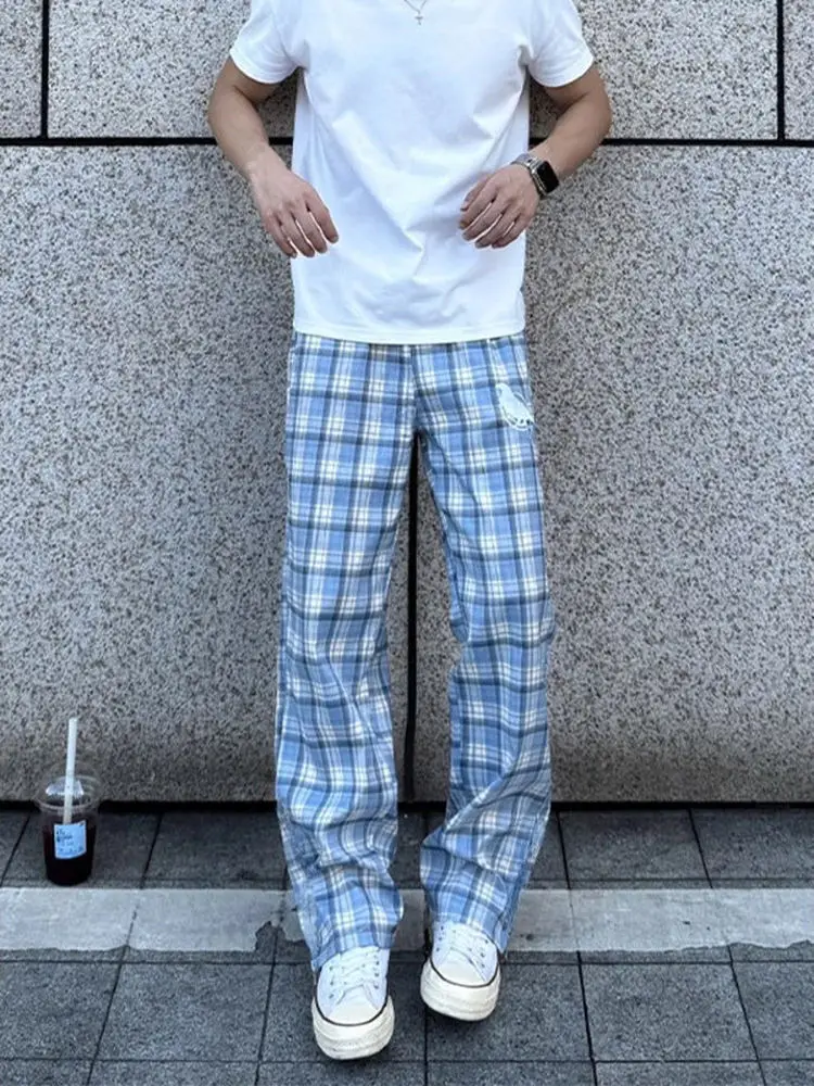 American Style North Carolina Blue Plaid Men's Casual Pants All-Match Loose Straight Leg Trousers for Spring Summer Autumn