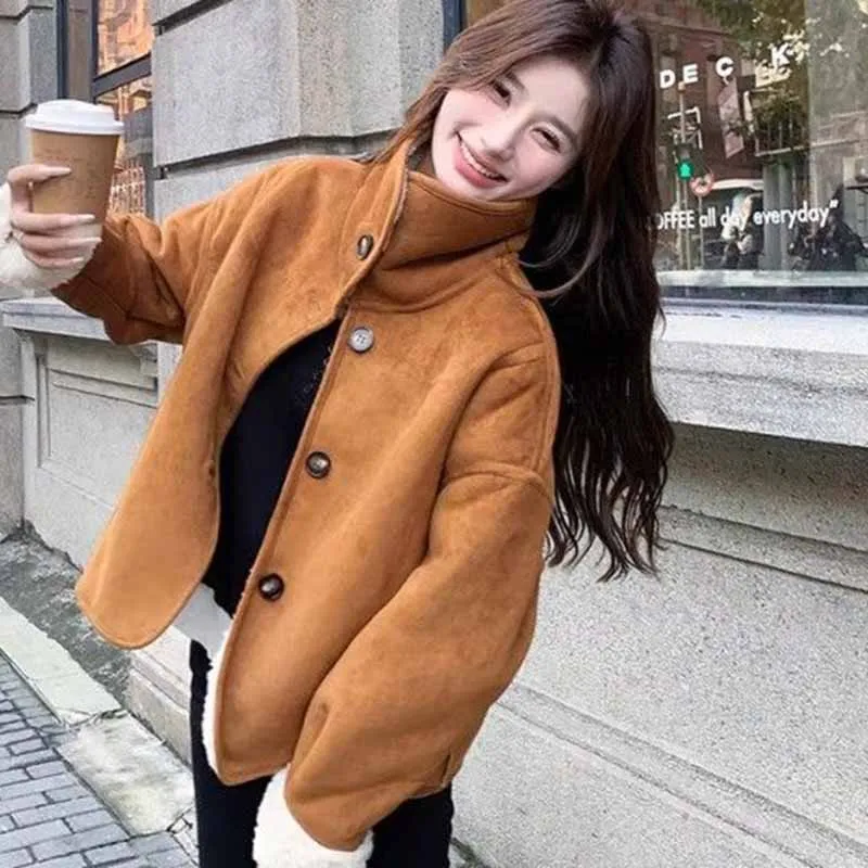 

Autumn Winter High Street Lapel Fur Jacket Casual Button Long Sleeve Fleece Coat Women Korean Fashion Loose Thicken Warm Outwear