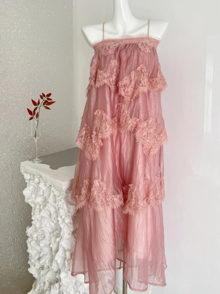 2026 New Summer Casual Elegant Dresses Women Solid Lace High Waist Design Long Dress Female Sweet Chic Vintage Fairycore Clothes