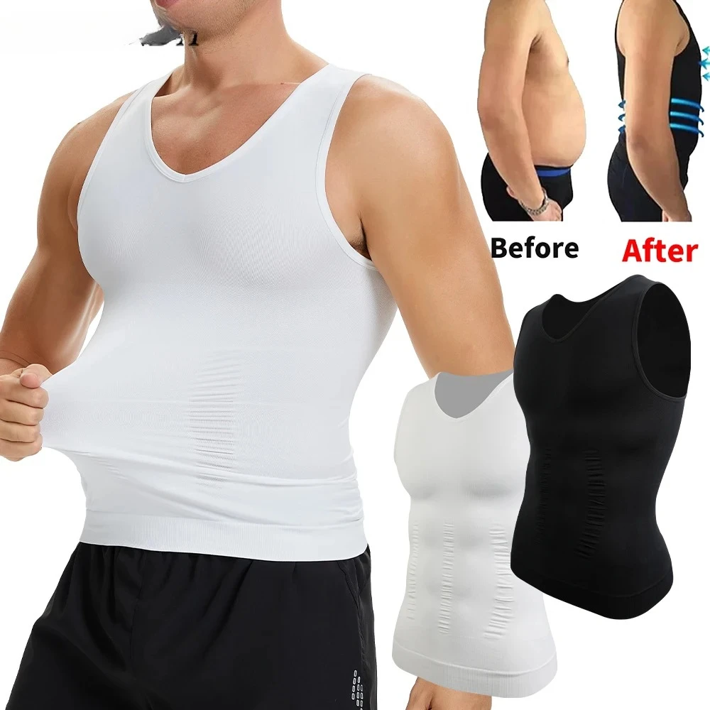 

2 шт., мужская компрессионная рубашка с v-образным вырезом для формирователя тела, жилет для похудения, плотное нижнее белье для живота, майка