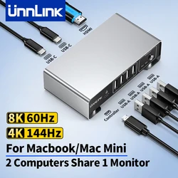 Unnlink USB C to HDMI KVM Switch for MacBook Mac Mini Share Monitor Mouse Keyboard, 4K@144Hz/120Hz Thunderbolt KVM Switch 2 Port