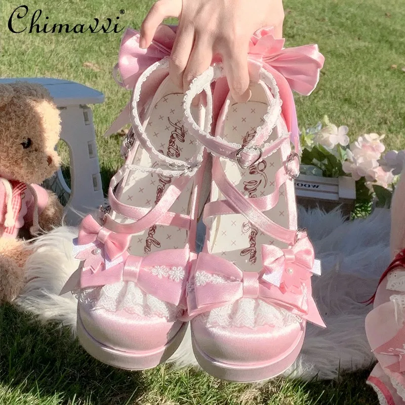 

Original Lo Shoes Spring and Autumn New Fashion Round Toe Bow Sweet Cute Japanese Style Thick Sole High Heel Women's Pumps