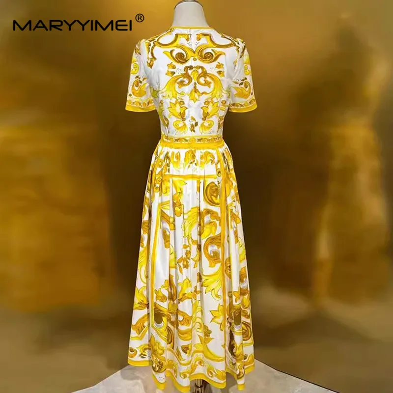 MARYYIMEI Summer Women's Dress Short Sleeve Cotton Vintage Baroque Print  High Quality Pretty Pleated Dresses