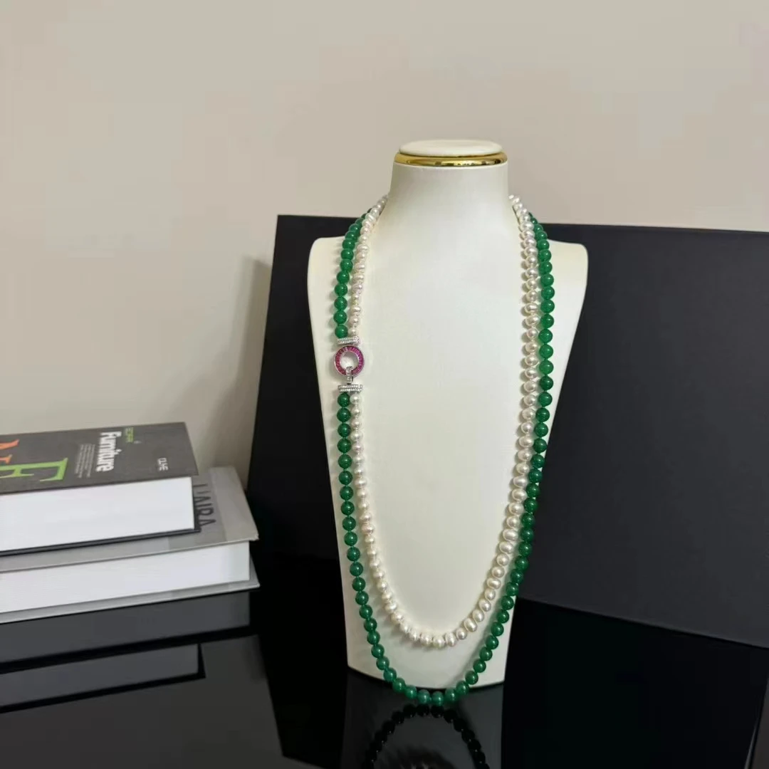 

33-36"Pearl Green Agates CZ Paved Gold Color Plated Long Necklace For Women Fashion Jewelry