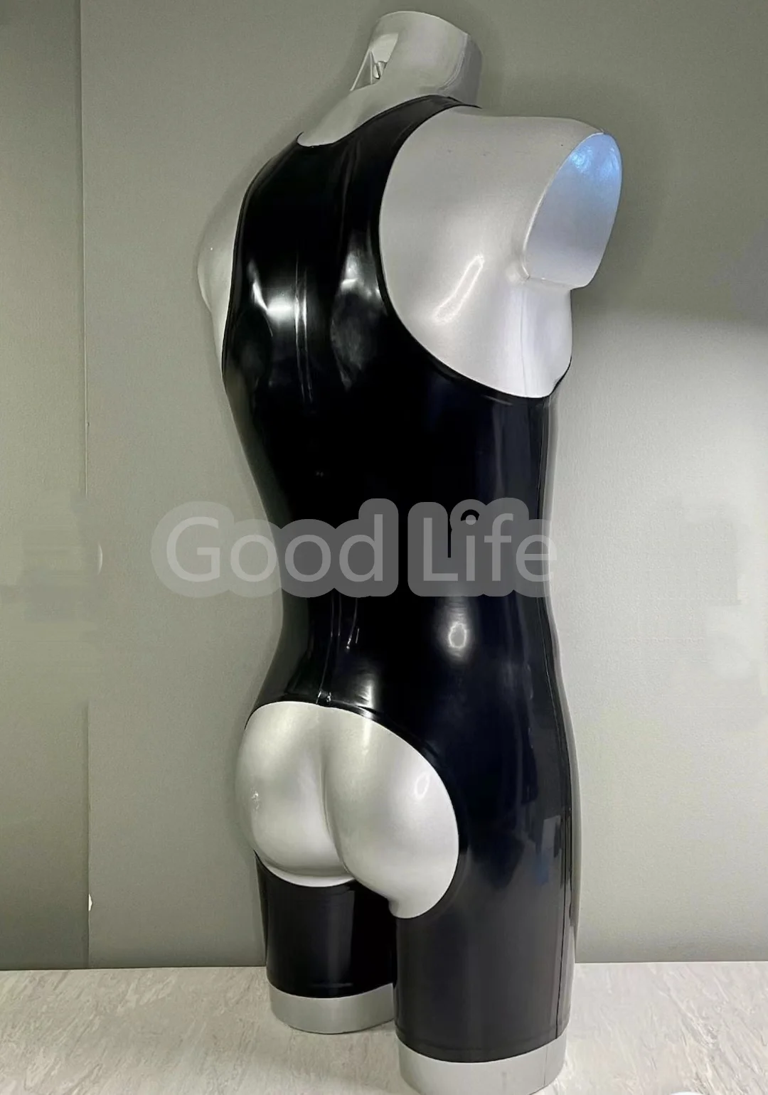 Sleeveless Latex Catsuit  Sexy Rubber Bodysuits Half Pants Open Hips  Men’s Tight Clothing Fetish Jumpsuit  Front Zip