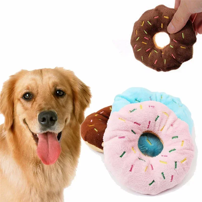 Juguete masticable de peluche con donuts para perros suaves con chirriador – Lindo juguete interactivo para cachorros para perros pequeños y medianos