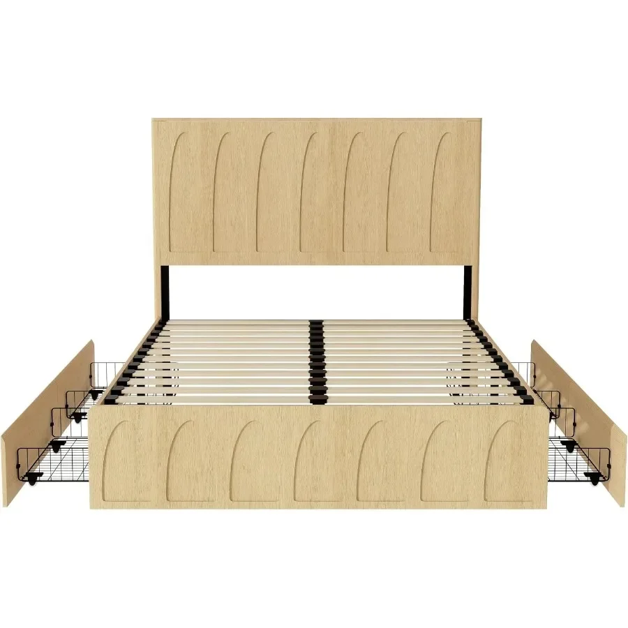 Queen Size Wood Platform Bed Frame with Side Storage Drawers, Curved Headboard Wood Slat Support, No Box Spring Needed, Minimal - view 6