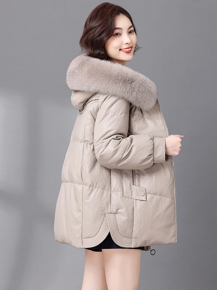   Cappotto in Vera Pelle di Pecora con Piumino Bianco da Donna Ning, Lunghezza Media, con Cappuccio, Vestibilità Ampia, Nuovo 2025