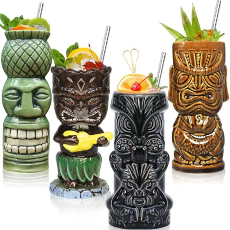 

Tiki Glasses for Cocktails Mugs Set of 4 Ceramic Party Cups Bar Decor Creative Large Hawaiian Drinking Bar Decorations Vintage