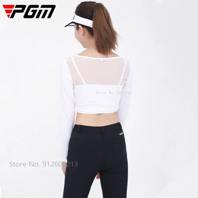 Pgm Womens Ice Silk Cool Shirts Half-Length Long Sleeve Cropped Tops Summer Sunscreen Golf Underwear With Mask Anti-UV UPF40+