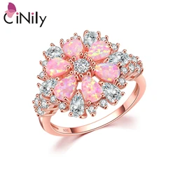 CiNily Lavish Large Pink Fire Opal Rings With Stone Rose Gold Color Clear Crystal Flower Flora Cherry Blossom Jewelry Woman Girl