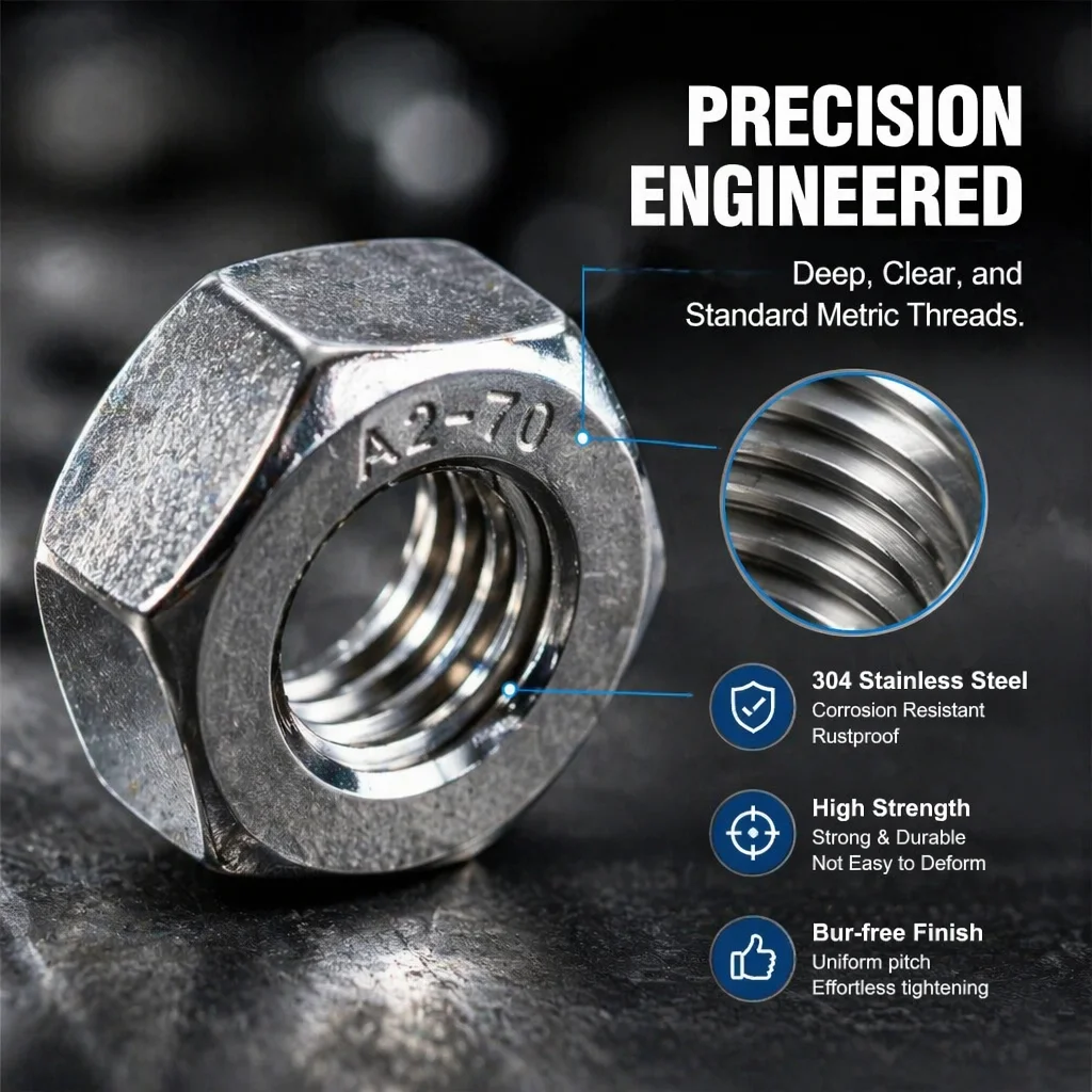 Hexagon Hex Nuts M1 M1.2 M1.4 M1.6 M2 M2.5 M3 M3.5 M4 M5 M6 M8 M10 M12 M14 M16 M18 M20 Hex Nut 304 Stainless Steel DIN934 Metric