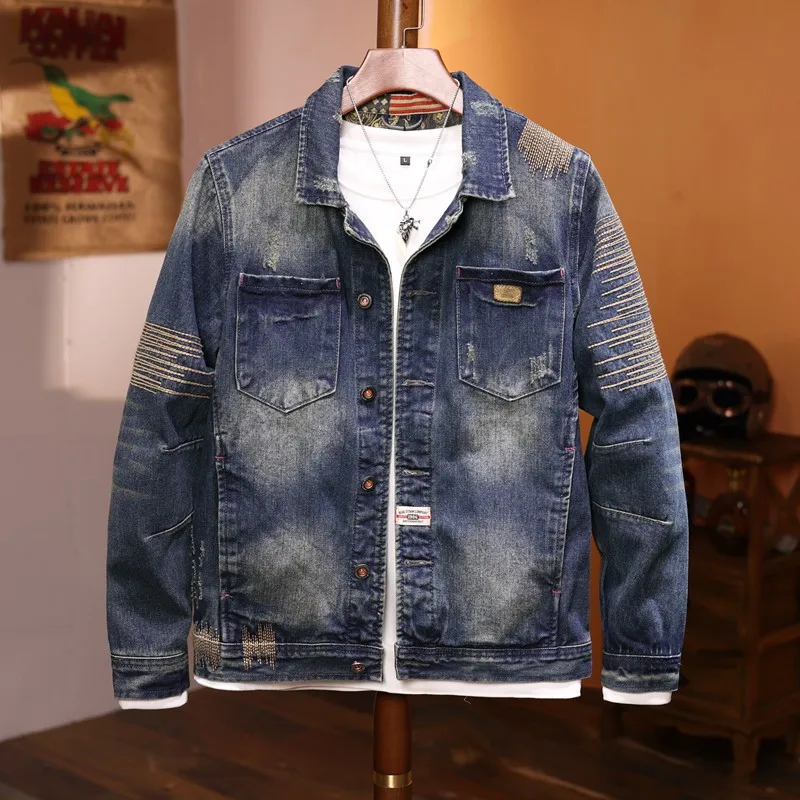 

Autumn and Winter New Retro Distressed Motorcycle Denim Jacket Men Fashion Polo Collar Scrape Long Sleeve Washed Blue Coat Men