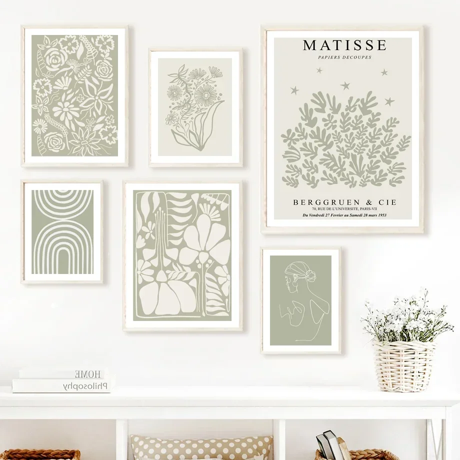 بوهو مجردة أوراق زهرة ماتيس فن الحائط ، خط النبات ، لوحة قماش ، ملصق الشمال ، صورة ، ديكور غرفة المعيشة ، امرأة #1