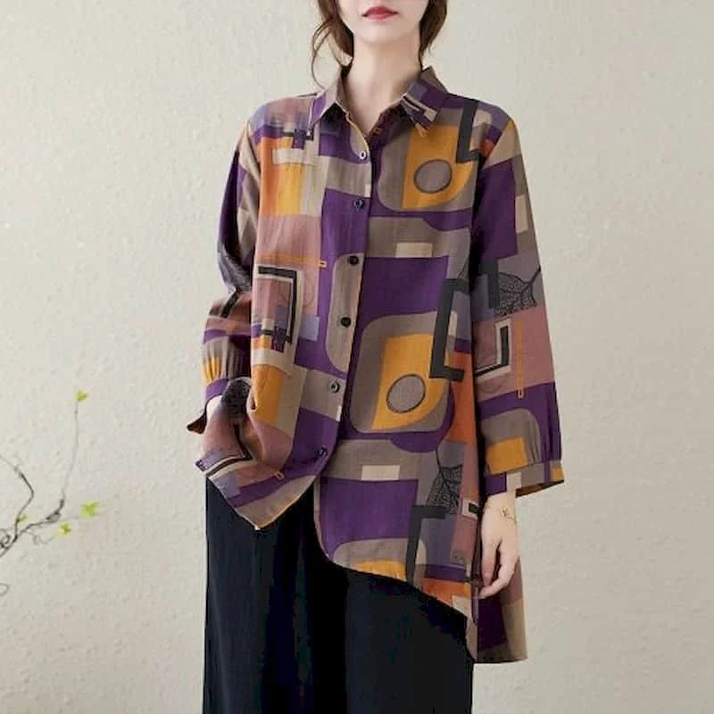 

Shirts for Women Vintage Polo-neck Loose Fit Contrast Color Long Sleeve Casual Korean Style Single Breasted Blouse Women Tops