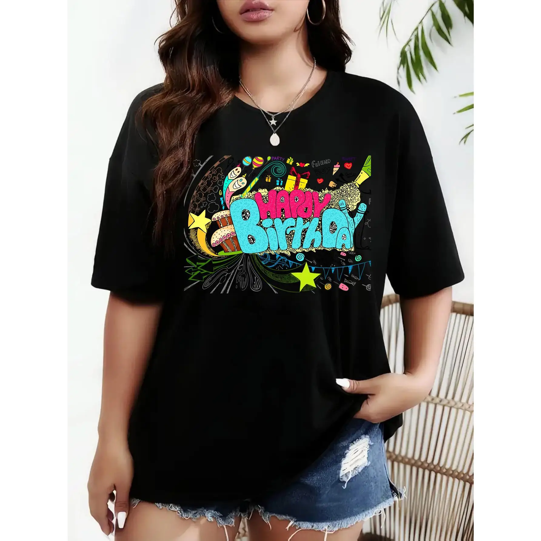 

Women's Happy Birthday T-Shirt | Colorful Celebration Graphic Tee | Fun Party Gift Idea Casual Top