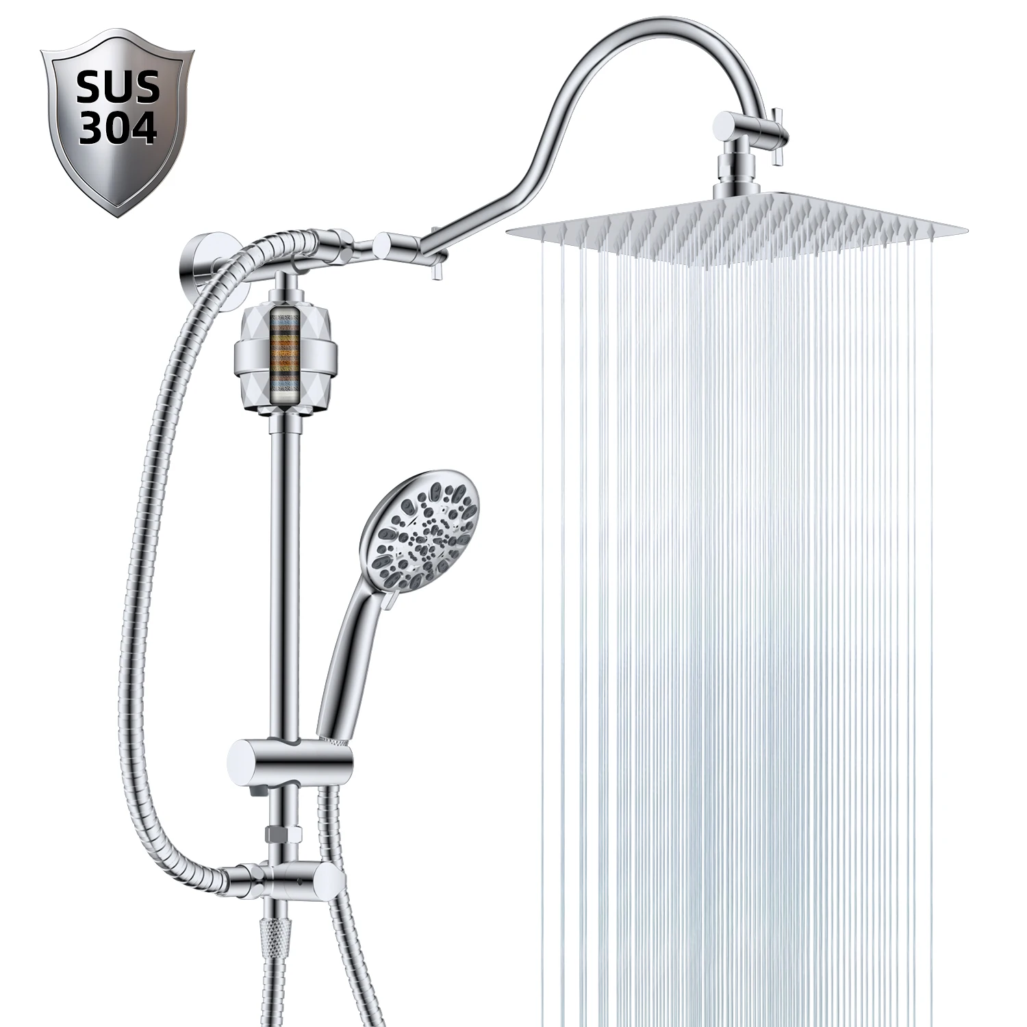 Combo de cabezal de ducha de lluvia filtrado de 10 pulgadas, sistema de cabezal de ducha de fácil alcance de alta presión, cabezal de ducha de mano, soporte ajustable