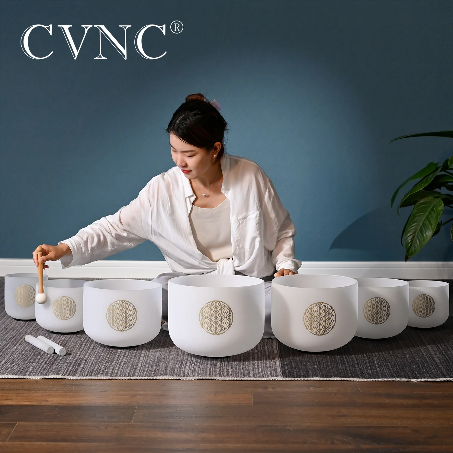 CVNC 6–12 Zoll Blumen des Lebens Muster mattierte Quarzkristall-Klangschalen-Set 7-teiliges Chakra für Klangheilung mit Taschen