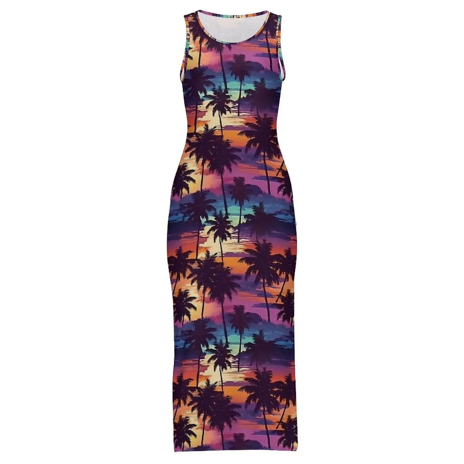 Hawaiian Sunset Palm Trees Dress Sleeveless  Casual Maxi Dresses Summer Street Wear Design Bodycon Dress Big Size 3XL 4XL