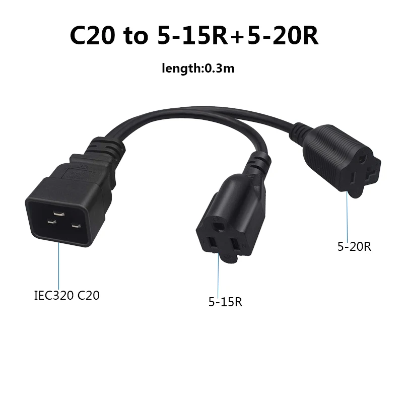 IEC320 C20 플러그 to 5-15R 5-20R 전원 익스텐션 케이블 코드, 전기 와이어 라인, US 여성 Y 분배기, PU UPS 서버 섀시 캐빈